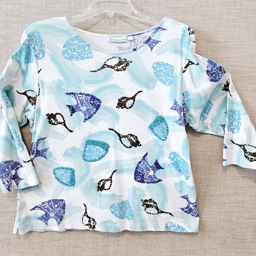 LETS GO TO THE BEACH! Top with Seashells & Fish Sequins L-XL LuLu-B